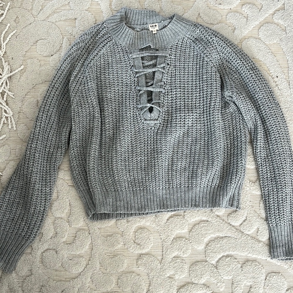 Gray tie up front sweater